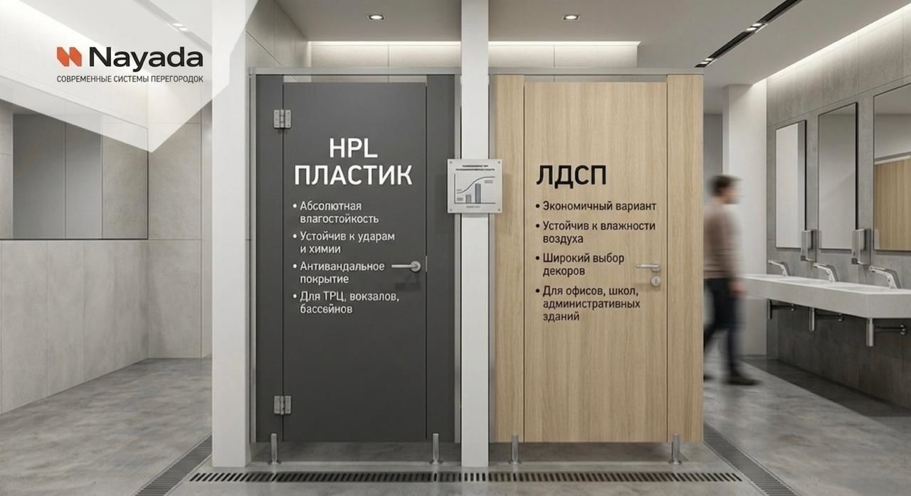 Фото HPL vs ЛДСП - выбор материалов для сантехнических перегородок от компании Nayada.