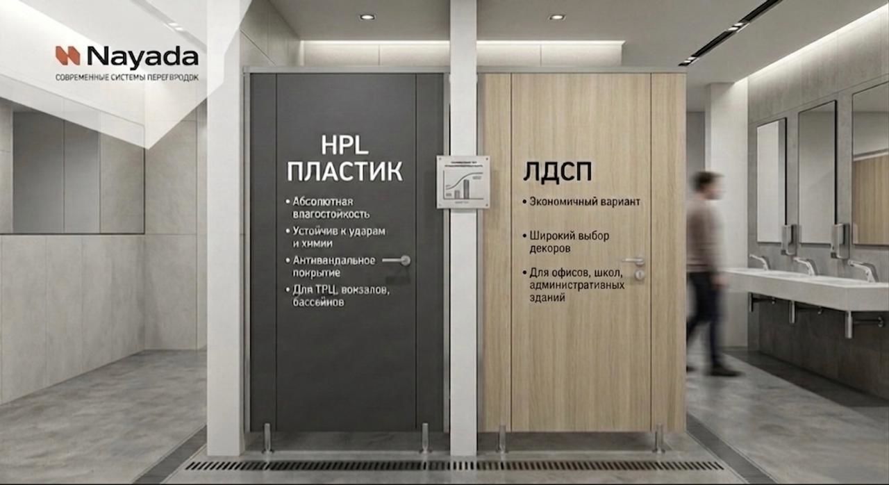 Фото HPL vs ЛДСП - выбор материалов для сантехнических перегородок от компании Nayada.